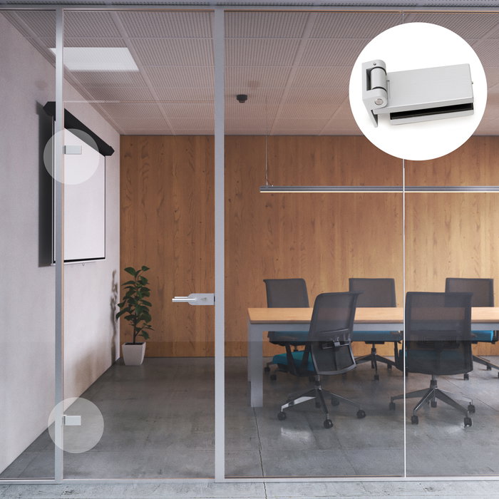 Emuca Bisagra para puerta de cristal con embellecedor, bisagra horizontal con pala de 40mm, para puerta de 8-12mm, aluminio y acero, gris metalizado