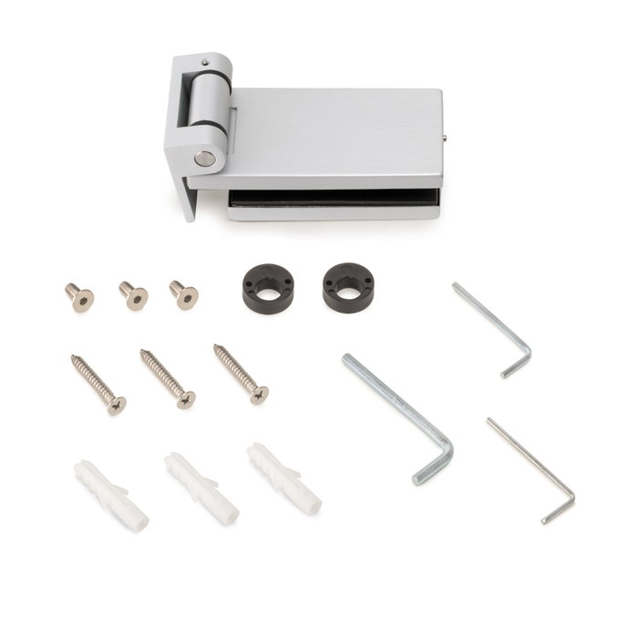 Emuca Bisagra para puerta de cristal con embellecedor, bisagra horizontal con pala de 40mm, para puerta de 8-12mm, aluminio y acero, gris metalizado Emuca Bisagra para puerta de cristal con embellecedor, bisagra horizontal con pala de 40mm, para puerta de 8-12mm, aluminio y acero, gris metalizado