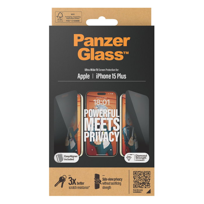 PanzerGlass Privacy para iPhone 15 Plus, Ultra-Wide Fit con EasyAligner