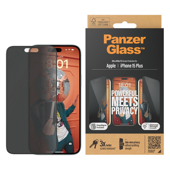 PanzerGlass Privacy para iPhone 15 Plus, Ultra-Wide Fit con EasyAligner