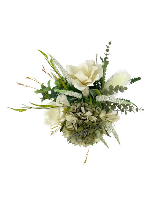 Obouquet Ramo De Flores Artificiales Clara Blanco Y Verde con Hortensia, Magnolia, Eucalipto y Protea | Elegante y Refinado para Cualquier Estancia