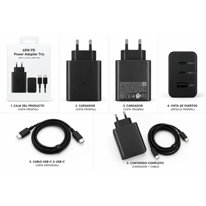 Generico Cargador rápido 65W PD 3 puertos (2 USB-C + 1 USB-A) Negro Generico Cargador rápido 65W PD 3 puertos (2 USB-C + 1 USB-A) Negro