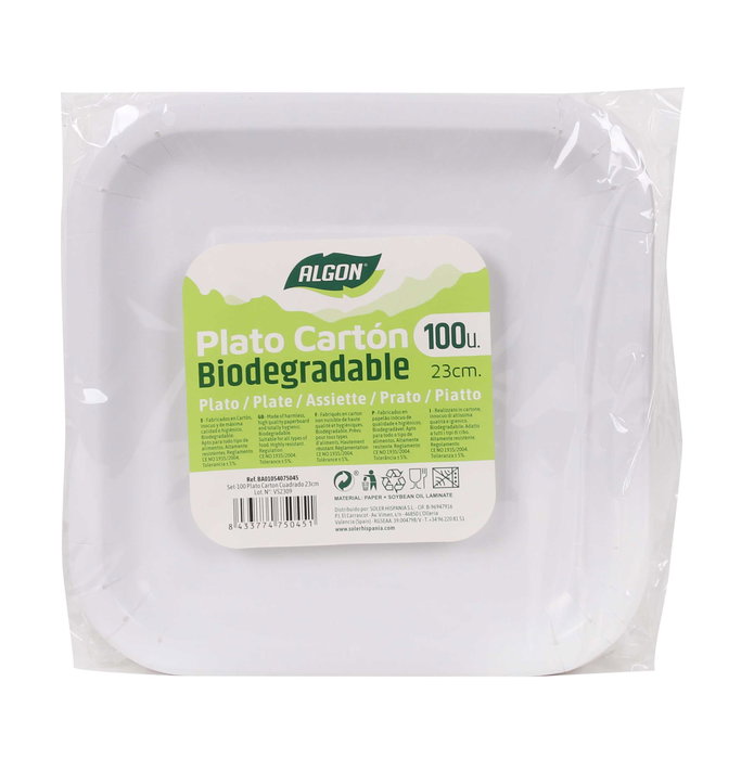 Algon Set 100 Platos Cartón Cuadrados L/Soja 23 cm (10 Unidades)