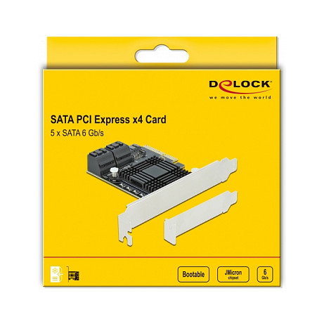 DeLOCK Tarjeta PCIe x4 de 5 Puertos SATA 3.0 Interna de 6 Gbit/s con Cables, Soporte Low Profile y Hot-Swap - Compatible Windows/Linux