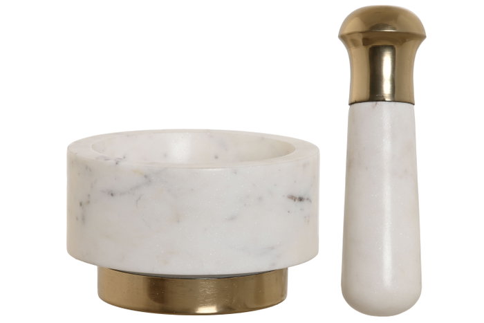 DKD Home Decor Mortero de Mármol y Latón Blanco y Dorado