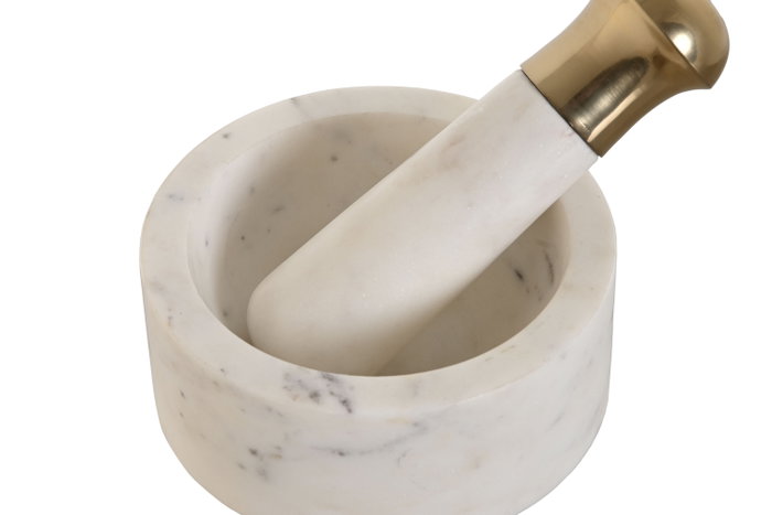 DKD Home Decor Mortero de Mármol y Latón Blanco y Dorado