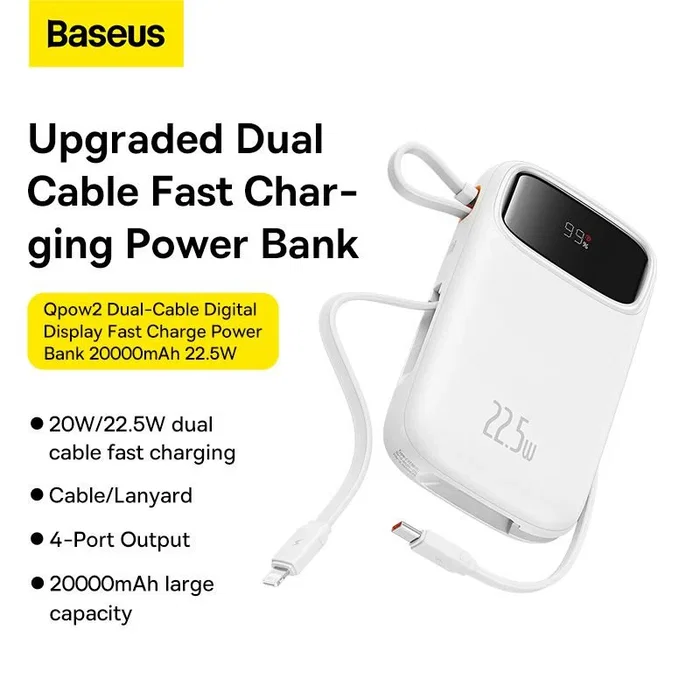 Baseus Qpow2 Power Bank 10000mAh 22.5W Carga Rápida con Pantalla Digital y Cables Duales Incorporados, Color Blanco