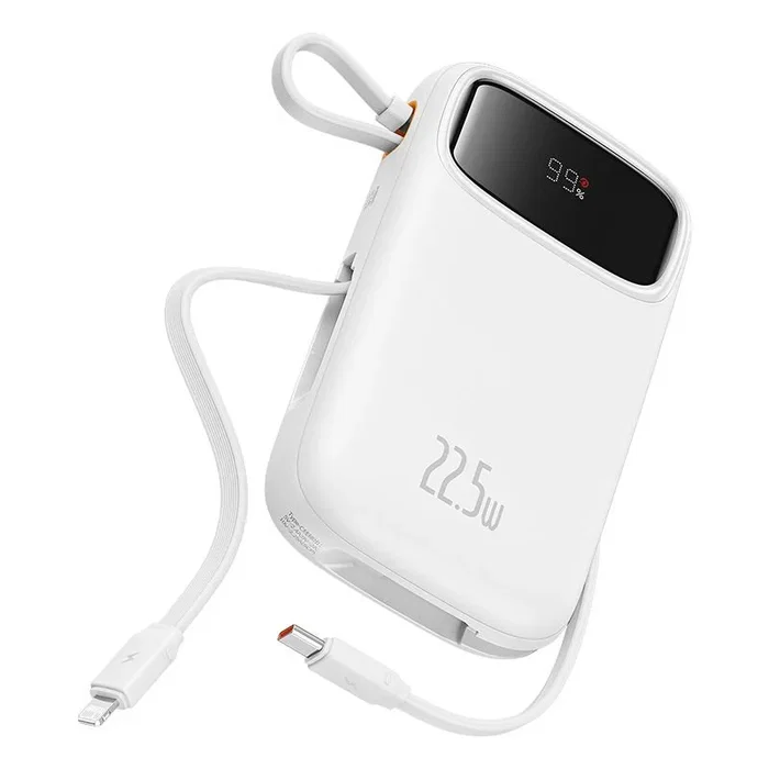 Baseus Qpow2 Power Bank 10000mAh 22.5W Carga Rápida con Pantalla Digital y Cables Duales Incorporados, Color Blanco