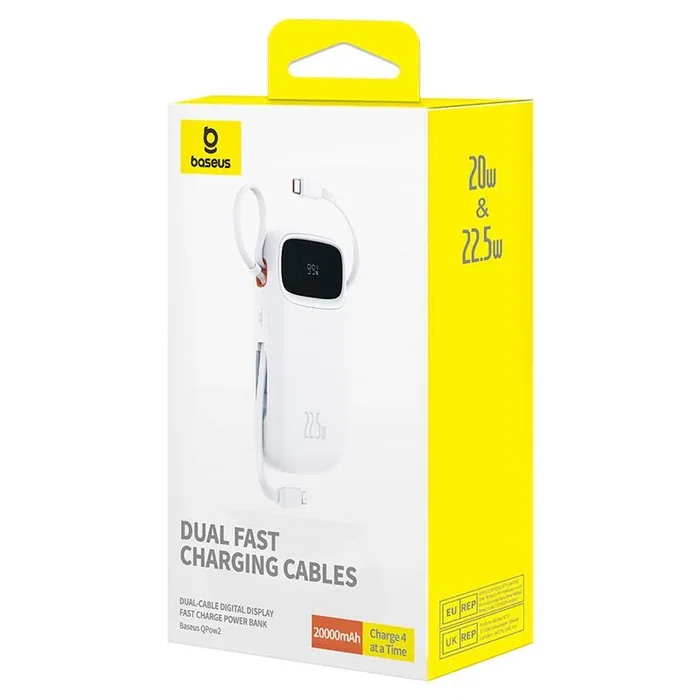 Baseus Qpow2 Power Bank 10000mAh 22.5W Carga Rápida con Pantalla Digital y Cables Duales Incorporados, Color Blanco