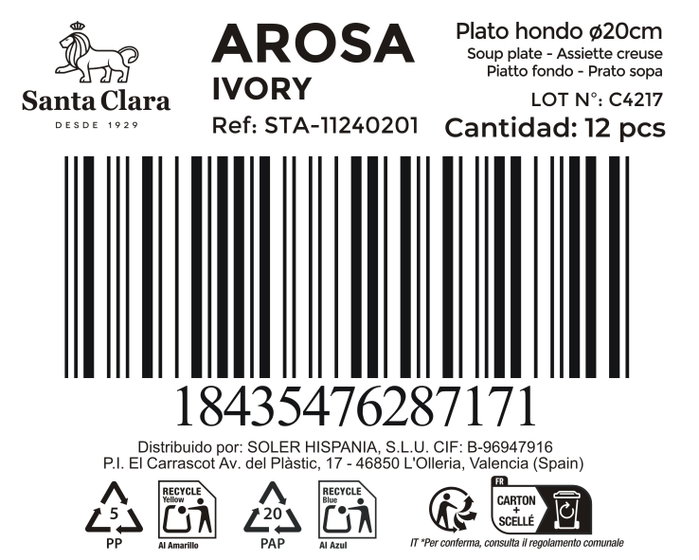 La Mediterranea Plato Hondo Arosa Ivory Ø20 cm, Plato Sopa o Postre, Vajilla, Colección S. Clara (12 Unidades)