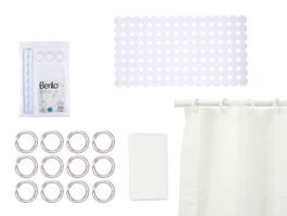 Berilo Set Baño Cortina PEVA y Alfombra Ducha Blanco 180x180 cm Cortina + 68x63 cm Alfombra Ancho 28 cm Alto 42 cm Largo 6 cm (Set de 12)
