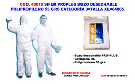 SIFER Traje Buzo Desechable Polipropileno 55gr Categoría 3 Talla XL