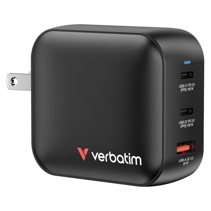 Verbatim Cargador GaN Mini 100W 3 Puertos USB Carga Rápida QC 3.0 Negro