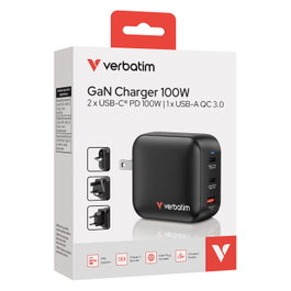 Verbatim Cargador GaN Mini 100W 3 Puertos USB Carga Rápida QC 3.0 Negro