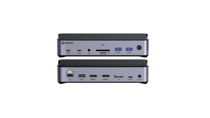 eSTUFF Estación de Acoplamiento USB-C Triple 4K, Doble HDMI y DisplayPort, Carga PD 100W, Ethernet Gigabit, 5x USB, para Windows y MacOS
