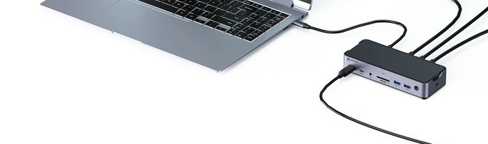 eSTUFF Estación de Acoplamiento USB-C Triple 4K, Doble HDMI y DisplayPort, Carga PD 100W, Ethernet Gigabit, 5x USB, para Windows y MacOS