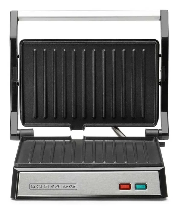 Orbegozo GR 3260 Grill Eléctrico de Contacto 1000W con Placas Abatibles 180º, Superficie 23x14.5cm, Bandeja Recoge Salsas y Asa Fría al Tacto