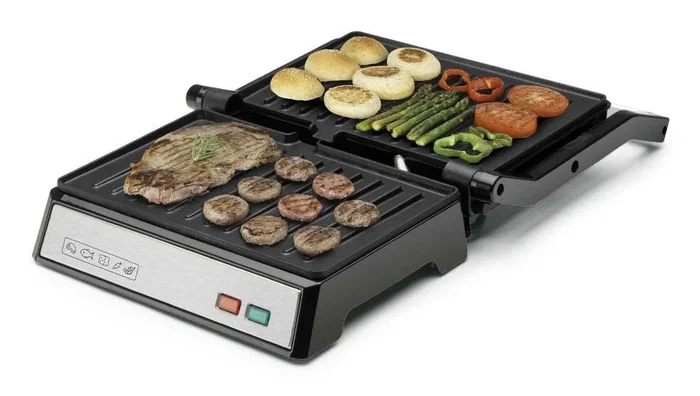 Orbegozo GR 3260 Grill Eléctrico de Contacto 1000W con Placas Abatibles 180º, Superficie 23x14.5cm, Bandeja Recoge Salsas y Asa Fría al Tacto