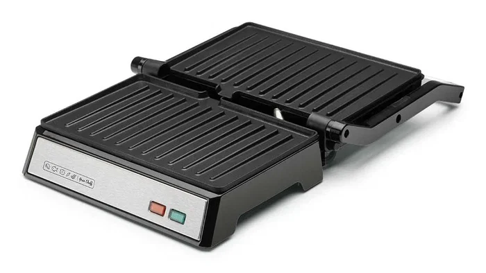 Orbegozo GR 3260 Grill Eléctrico de Contacto 1000W con Placas Abatibles 180º, Superficie 23x14.5cm, Bandeja Recoge Salsas y Asa Fría al Tacto
