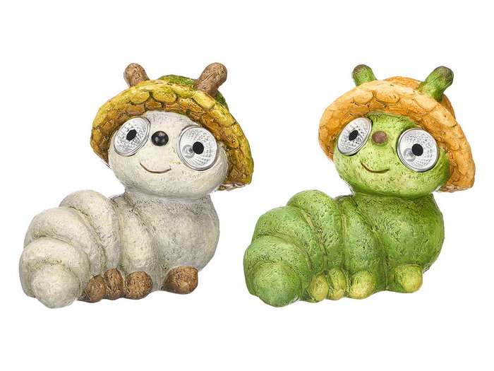 Ibergarden Figura Solar de Gusano de Cerámica, 18x16.5x13 cm, Colores Surtidos (Beige, Verde, Gris) para Jardín (Set de 12)