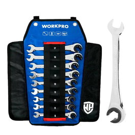 WORKPRO Juego de 9 Llaves Mixtas con Carraca Abierta, Cromo Vanadio Forjado, 72 Dientes, 8-18 mm (8,9,10,11,12,13,14,15,17 mm) con Funda