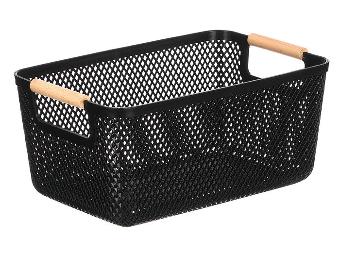 KIPIT Cesta de Plástico con Asa de Bambú Negra 36x22cm