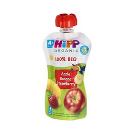 HIPP Pouches de Manzana Platano y Fresa Bebibles 100Gr para Bebés a partir de 4 meses sin gluten ni azúcares añadidos