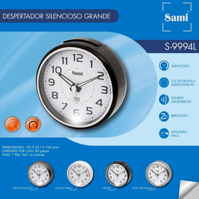 SAMI Despertador Redondo Mediano Esfera Blanca Números con Luz Superior en Color Plata
