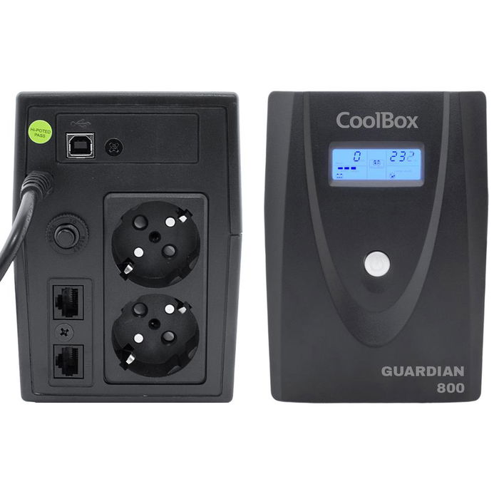 Coolbox Guardian 3 SAI 800VA 480W con LCD, AVR, Sinusoidal, Batería 12V/9Ah, 6-8h Recarga, 2 Salidas Schuko, USB, RJ-45, Protección Equipos Informáticos y Red