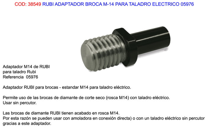 RUBI Adaptador de taladro M-14 para broca de diamante Drygres RUBI Adaptador de taladro M-14 para broca de diamante Drygres
