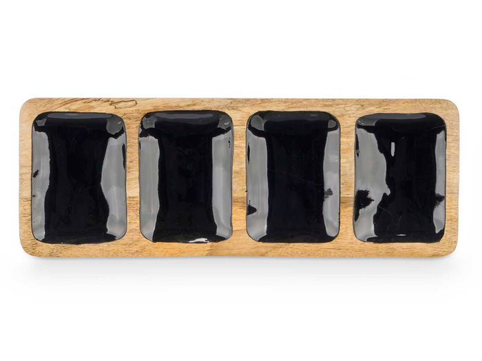 Giftdecor Bandeja Rectangular 4 Espacios Madera Mango Negro 46 x 3 x 17 cm (Set de 6)