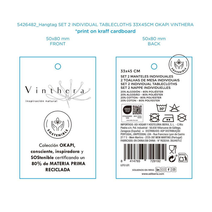 Set 2 Manteles Individuales Algodón Okapi Vinthera 33x45 cm Set 2 Manteles Individuales Algodón Okapi Vinthera 33x45 cm