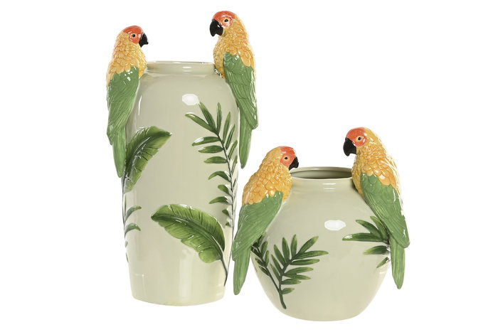 DKD Home Decor Jarrón Tropical Verde Amarillo Cerámica Loros 21 x 24 x 21 cm