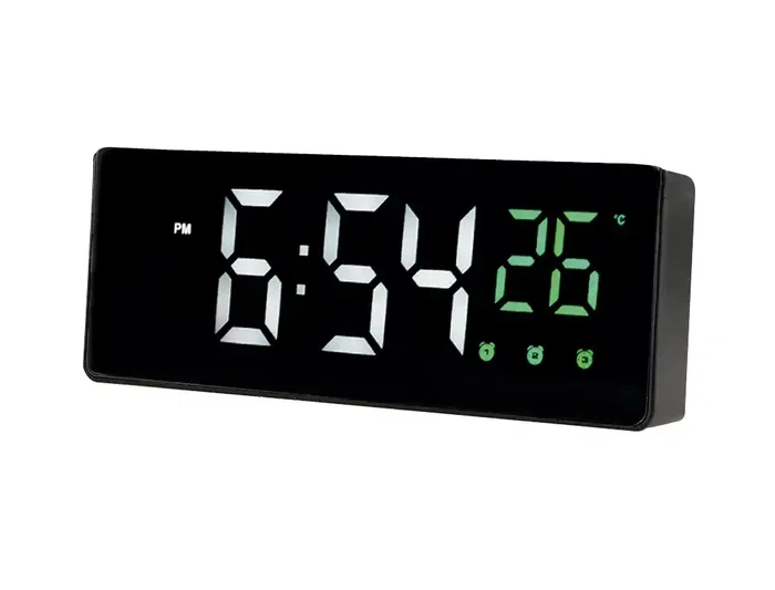 Q-connect Reloj Digital Sobremesa con Temperatura, 3 Alarmas y Control de Voz, 160x60x25mm