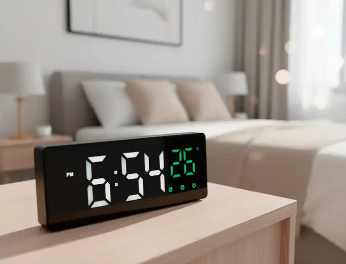 Q-connect Reloj Digital Sobremesa con Temperatura, 3 Alarmas y Control de Voz, 160x60x25mm