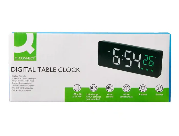 Q-connect Reloj Digital Sobremesa con Temperatura, 3 Alarmas y Control de Voz, 160x60x25mm