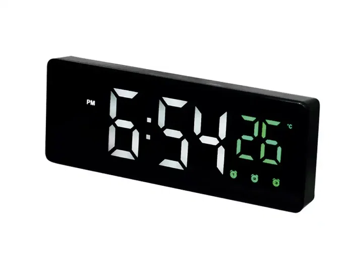Q-connect Reloj Digital Sobremesa con Temperatura, 3 Alarmas y Control de Voz, 160x60x25mm