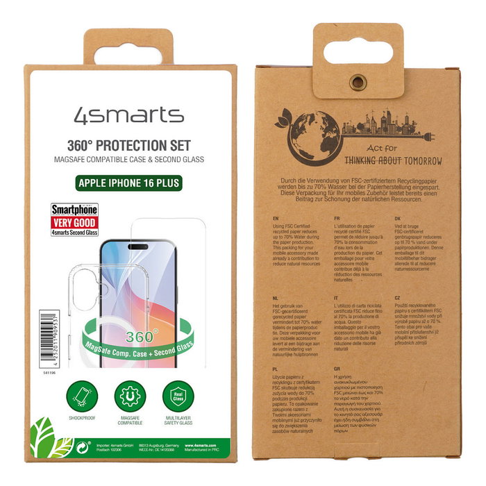 4smarts 541196 Set de Protección Premium 360 para Apple iPhone 16 Plus, Transparente, Compatible con MagSafe, Incluye Protector de Pantalla de Vidrio Templado