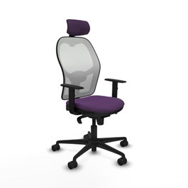 Silla de oficina Jorquera con mecanismo Sincro tapizada con Tela color Morado y malla color Blanco. Equipada con lumbar 1D, Brazos 1D, Cabecero 2D y Ruedas 65mm nailon