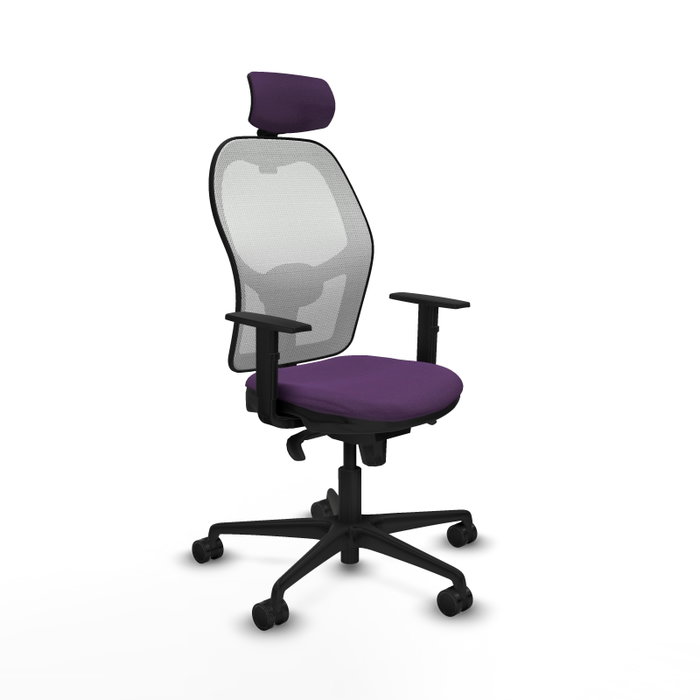Silla de oficina Jorquera con mecanismo Sincro tapizada con Tela color Morado y malla color Blanco. Equipada con lumbar 1D, Brazos 1D, Cabecero 2D y Ruedas 65mm nailon Silla de oficina Jorquera con mecanismo Sincro tapizada con Tela color Morado y malla color Blanco. Equipada con lumbar 1D, Brazos 1D, Cabecero 2D y Ruedas 65mm nailon