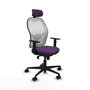 Silla de oficina Jorquera con mecanismo Sincro tapizada con Tela color Morado y malla color Blanco. Equipada con lumbar 1D, Brazos 1D, Cabecero 2D y Ruedas 65mm nailon