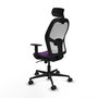Silla de oficina Jorquera con mecanismo Sincro tapizada con Tela color Morado y malla color Blanco. Equipada con lumbar 1D, Brazos 1D, Cabecero 2D y Ruedas 65mm nailon