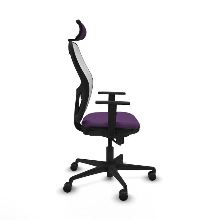 Silla de oficina Jorquera con mecanismo Sincro tapizada con Tela color Morado y malla color Blanco. Equipada con lumbar 1D, Brazos 1D, Cabecero 2D y Ruedas 65mm nailon Silla de oficina Jorquera con mecanismo Sincro tapizada con Tela color Morado y malla color Blanco. Equipada con lumbar 1D, Brazos 1D, Cabecero 2D y Ruedas 65mm nailon