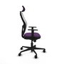 Silla de oficina Jorquera con mecanismo Sincro tapizada con Tela color Morado y malla color Blanco. Equipada con lumbar 1D, Brazos 1D, Cabecero 2D y Ruedas 65mm nailon