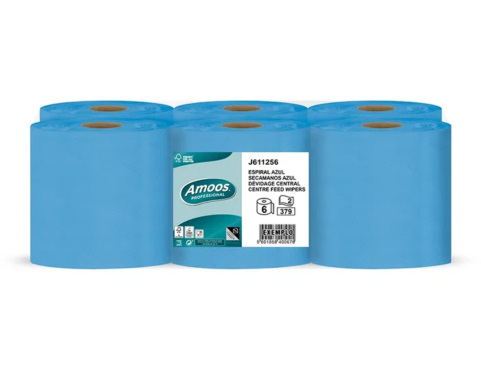 Amoos Papel Secamanos Profesional 2 Capas 192 mm x 125 m, 6 Rollos, Azul