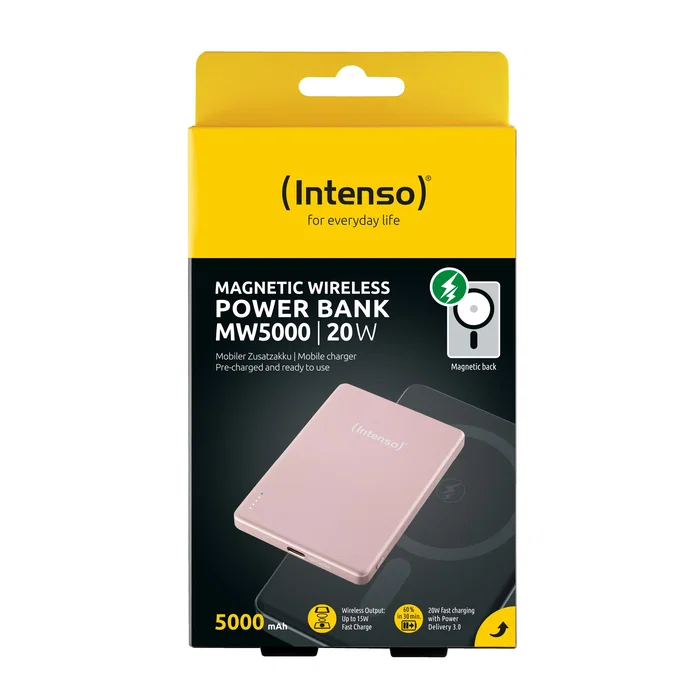 Intenso MW5000 Power Bank Batería Externa MagSafe 5000 mAh - Carga Inalámbrica 15W y USB-C PD 20W, Delgada y Compacta - Rosa