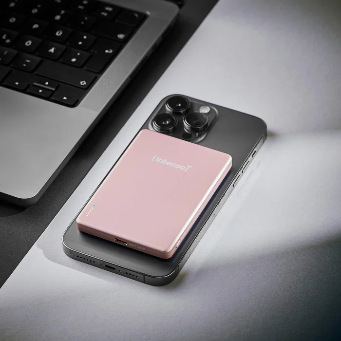 Intenso MW5000 Power Bank Batería Externa MagSafe 5000 mAh - Carga Inalámbrica 15W y USB-C PD 20W, Delgada y Compacta - Rosa