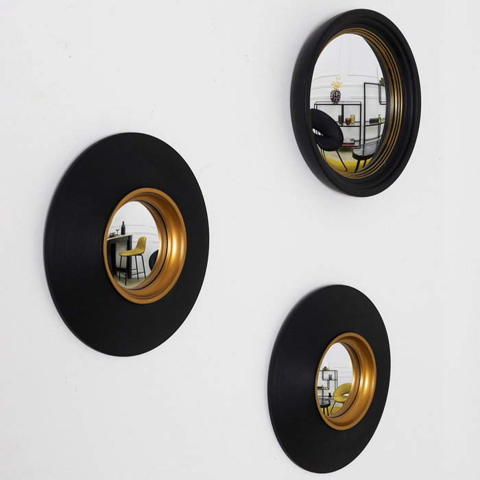 Home Deco Factory Juego De 3 Espejos Convexos Diámetro 25,5 cm - Color Negro y Oro, Colección Lounge, Marco de Plástico PS con Vidrio