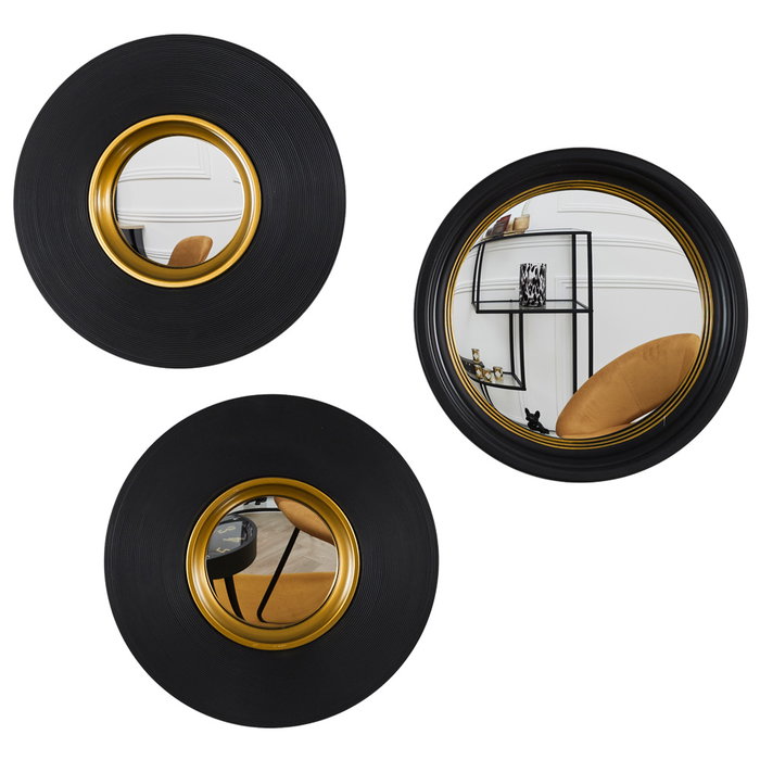 Home Deco Factory Juego De 3 Espejos Convexos Diámetro 25,5 cm - Color Negro y Oro, Colección Lounge, Marco de Plástico PS con Vidrio