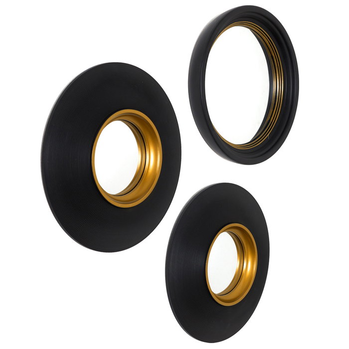 Home Deco Factory Juego De 3 Espejos Convexos Diámetro 25,5 cm - Color Negro y Oro, Colección Lounge, Marco de Plástico PS con Vidrio
